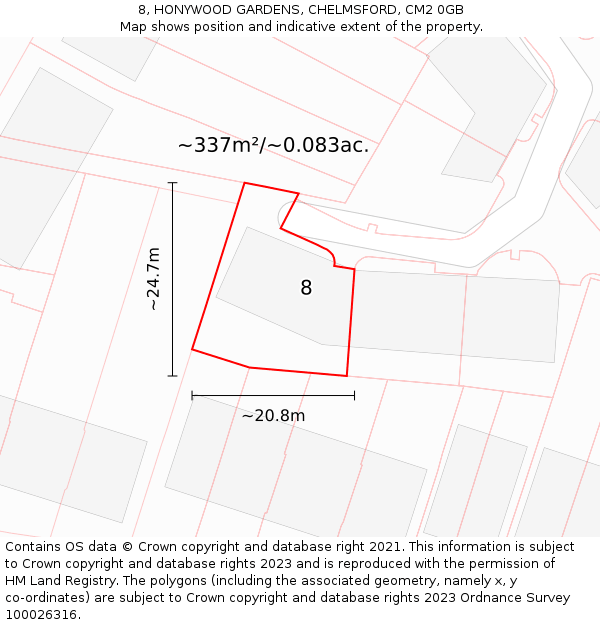 8, HONYWOOD GARDENS, CHELMSFORD, CM2 0GB: Plot and title map