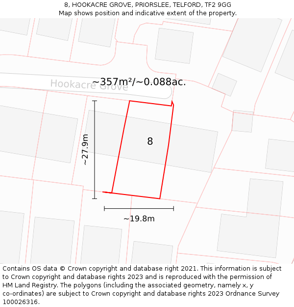 8, HOOKACRE GROVE, PRIORSLEE, TELFORD, TF2 9GG: Plot and title map