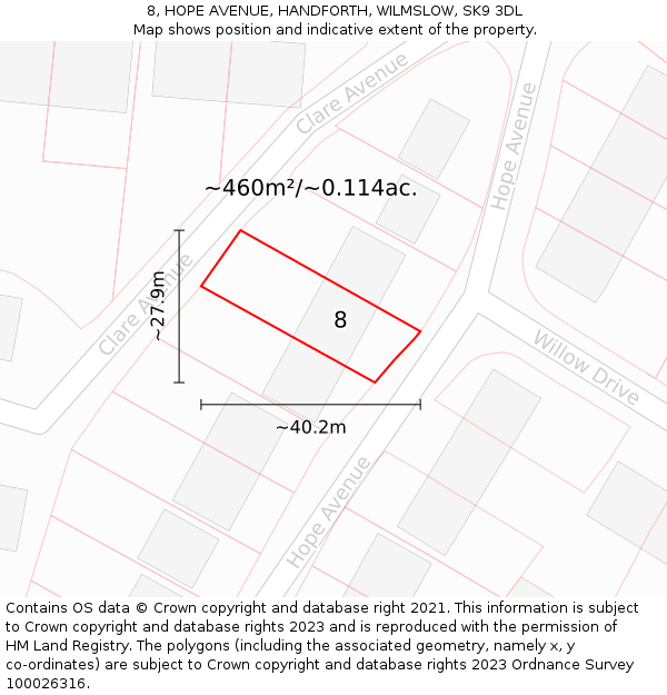 8, HOPE AVENUE, HANDFORTH, WILMSLOW, SK9 3DL: Plot and title map