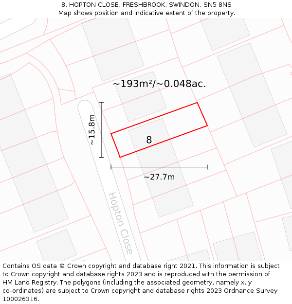 8, HOPTON CLOSE, FRESHBROOK, SWINDON, SN5 8NS: Plot and title map