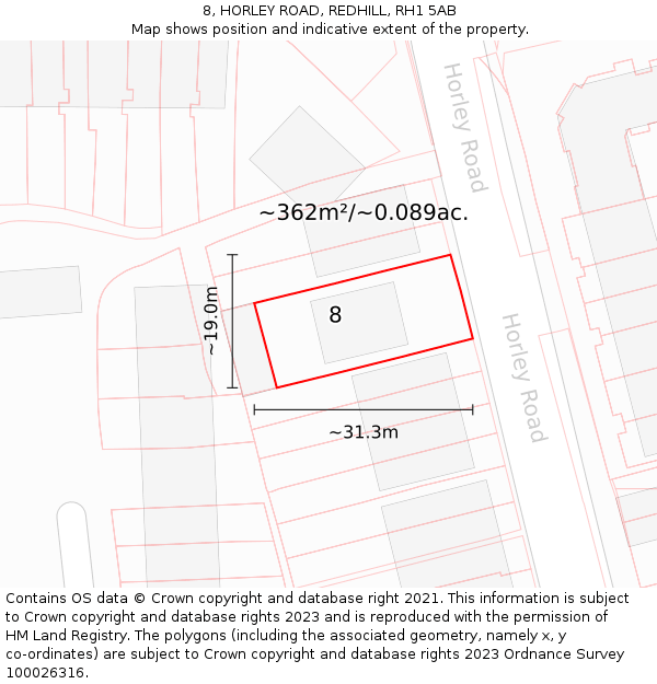 8, HORLEY ROAD, REDHILL, RH1 5AB: Plot and title map