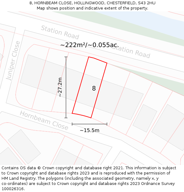 8, HORNBEAM CLOSE, HOLLINGWOOD, CHESTERFIELD, S43 2HU: Plot and title map