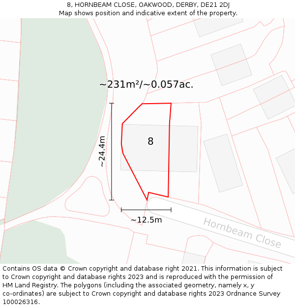 8, HORNBEAM CLOSE, OAKWOOD, DERBY, DE21 2DJ: Plot and title map