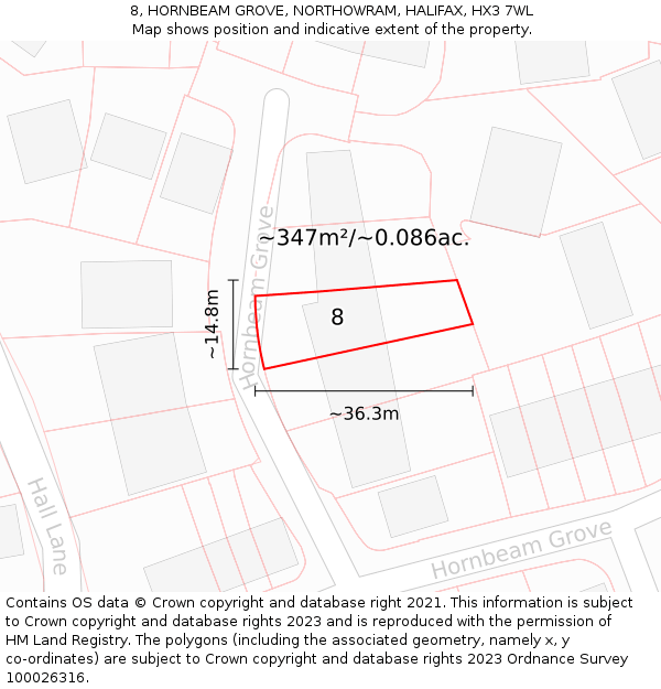 8, HORNBEAM GROVE, NORTHOWRAM, HALIFAX, HX3 7WL: Plot and title map