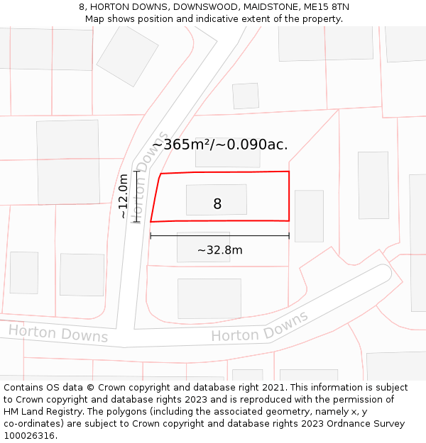 8, HORTON DOWNS, DOWNSWOOD, MAIDSTONE, ME15 8TN: Plot and title map