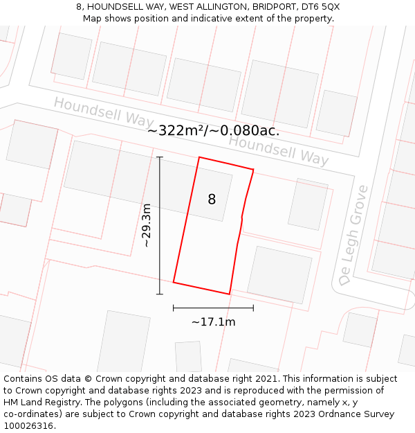 8, HOUNDSELL WAY, WEST ALLINGTON, BRIDPORT, DT6 5QX: Plot and title map