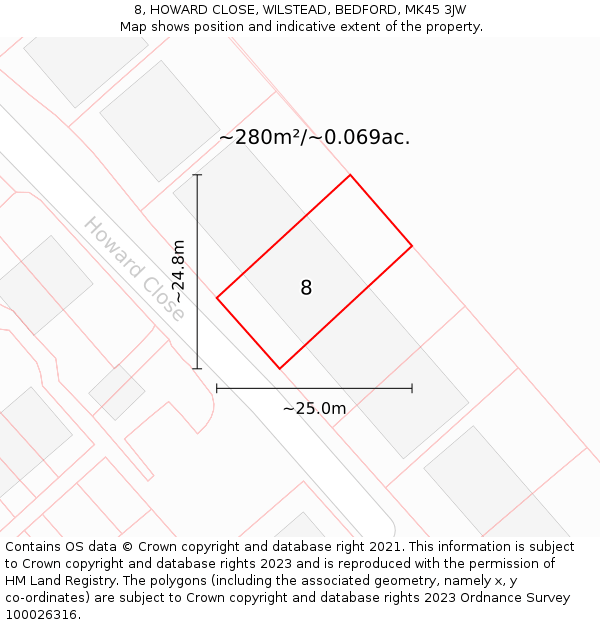 8, HOWARD CLOSE, WILSTEAD, BEDFORD, MK45 3JW: Plot and title map