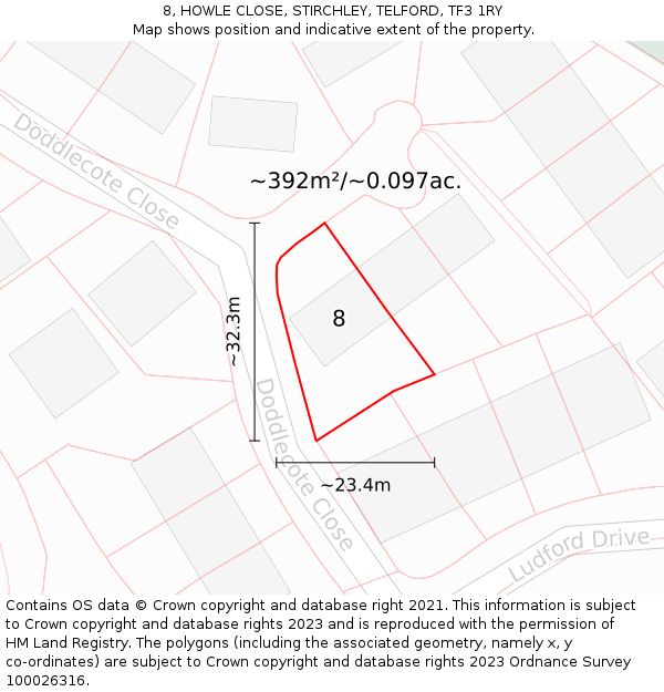 8, HOWLE CLOSE, STIRCHLEY, TELFORD, TF3 1RY: Plot and title map