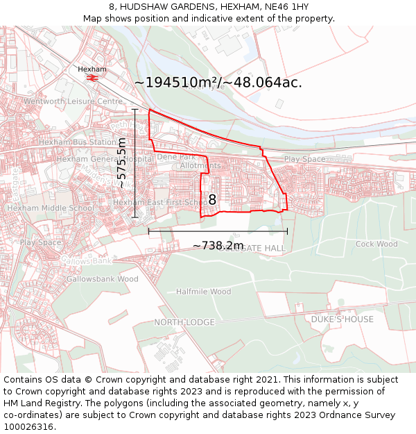 8, HUDSHAW GARDENS, HEXHAM, NE46 1HY: Plot and title map