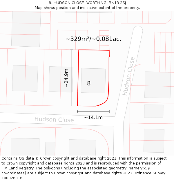 8, HUDSON CLOSE, WORTHING, BN13 2SJ: Plot and title map
