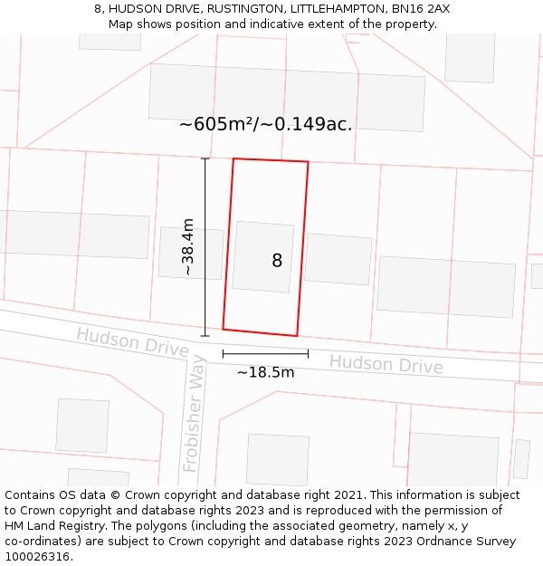 8, HUDSON DRIVE, RUSTINGTON, LITTLEHAMPTON, BN16 2AX: Plot and title map