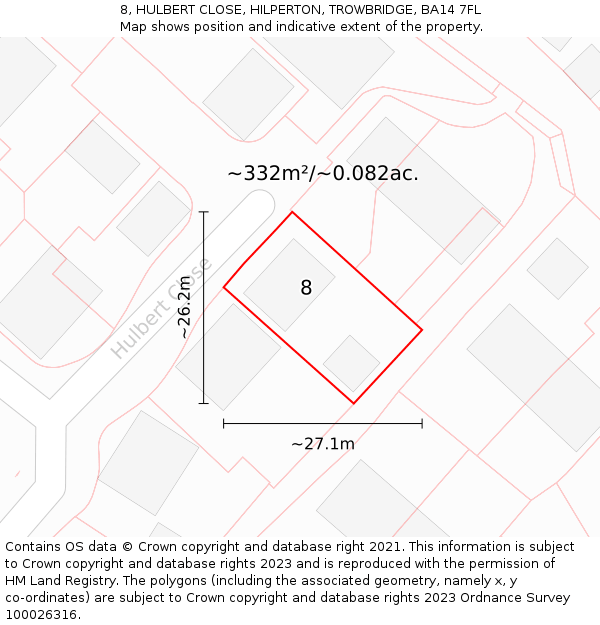 8, HULBERT CLOSE, HILPERTON, TROWBRIDGE, BA14 7FL: Plot and title map