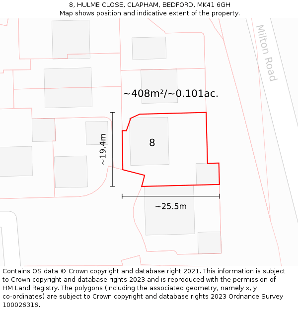 8, HULME CLOSE, CLAPHAM, BEDFORD, MK41 6GH: Plot and title map