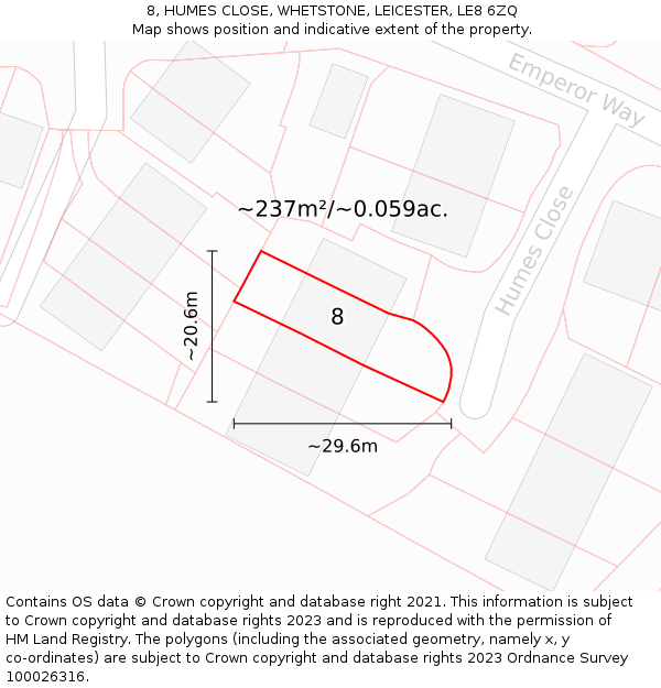 8, HUMES CLOSE, WHETSTONE, LEICESTER, LE8 6ZQ: Plot and title map