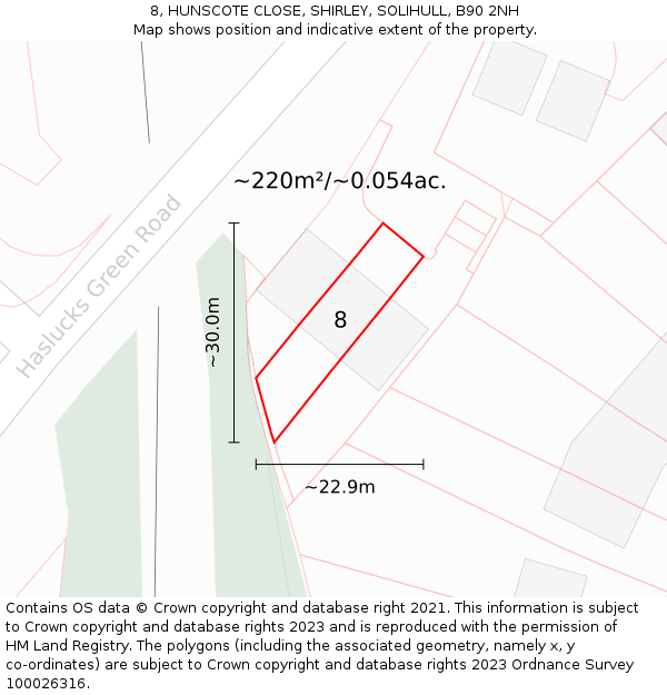 8, HUNSCOTE CLOSE, SHIRLEY, SOLIHULL, B90 2NH: Plot and title map