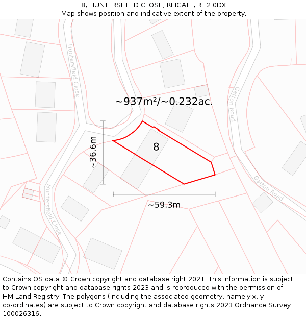 8, HUNTERSFIELD CLOSE, REIGATE, RH2 0DX: Plot and title map