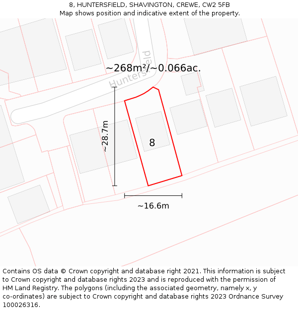 8, HUNTERSFIELD, SHAVINGTON, CREWE, CW2 5FB: Plot and title map