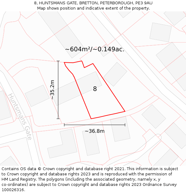 8, HUNTSMANS GATE, BRETTON, PETERBOROUGH, PE3 9AU: Plot and title map