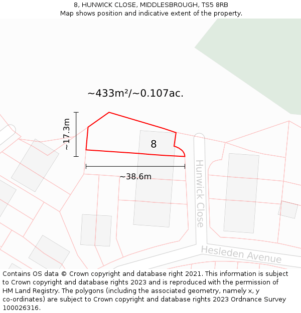 8, HUNWICK CLOSE, MIDDLESBROUGH, TS5 8RB: Plot and title map
