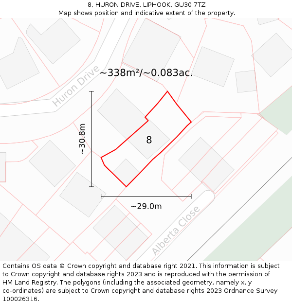 8, HURON DRIVE, LIPHOOK, GU30 7TZ: Plot and title map