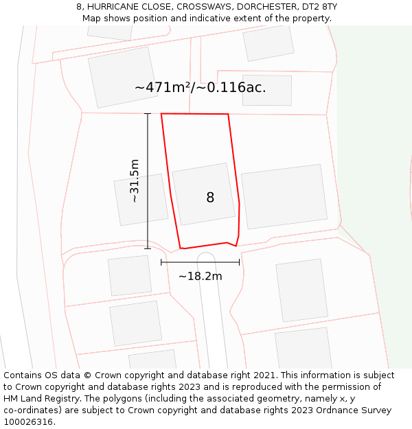 8, HURRICANE CLOSE, CROSSWAYS, DORCHESTER, DT2 8TY: Plot and title map
