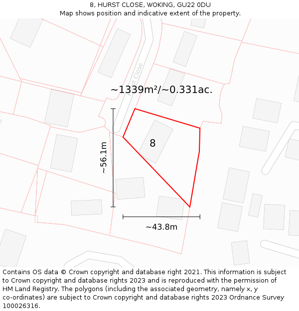 8, HURST CLOSE, WOKING, GU22 0DU: Plot and title map