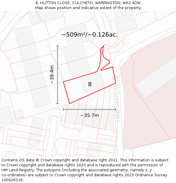 8, HUTTON CLOSE, CULCHETH, WARRINGTON, WA3 4DW: Plot and title map