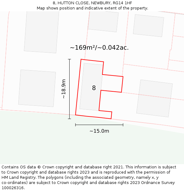 8, HUTTON CLOSE, NEWBURY, RG14 1HF: Plot and title map