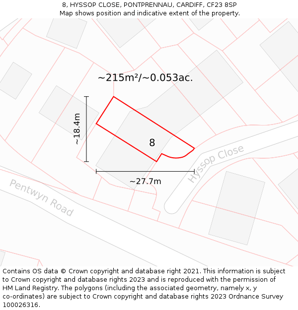 8, HYSSOP CLOSE, PONTPRENNAU, CARDIFF, CF23 8SP: Plot and title map