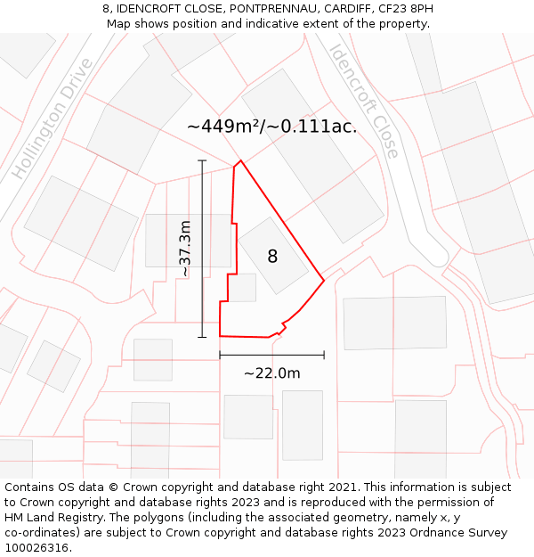 8, IDENCROFT CLOSE, PONTPRENNAU, CARDIFF, CF23 8PH: Plot and title map