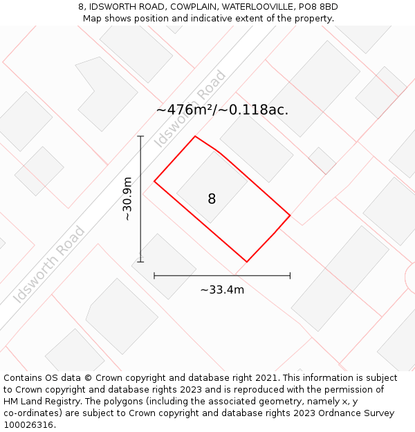 8, IDSWORTH ROAD, COWPLAIN, WATERLOOVILLE, PO8 8BD: Plot and title map