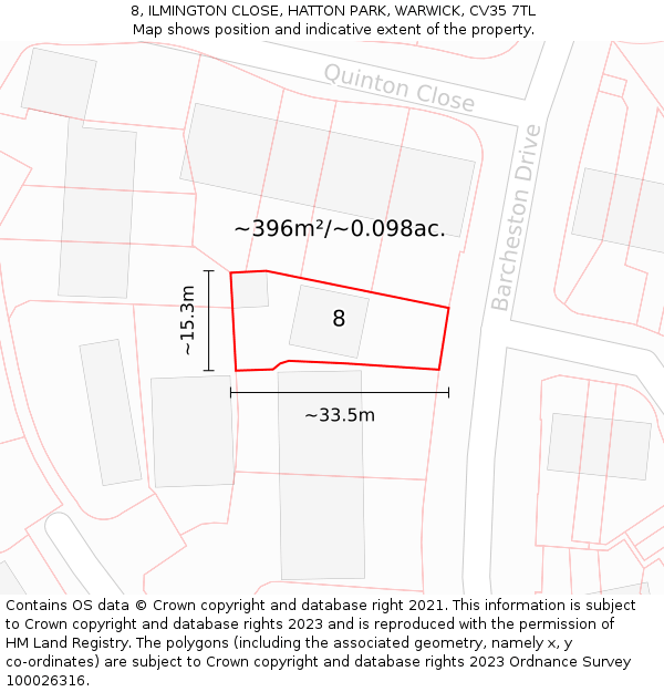 8, ILMINGTON CLOSE, HATTON PARK, WARWICK, CV35 7TL: Plot and title map