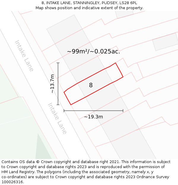 8, INTAKE LANE, STANNINGLEY, PUDSEY, LS28 6PL: Plot and title map