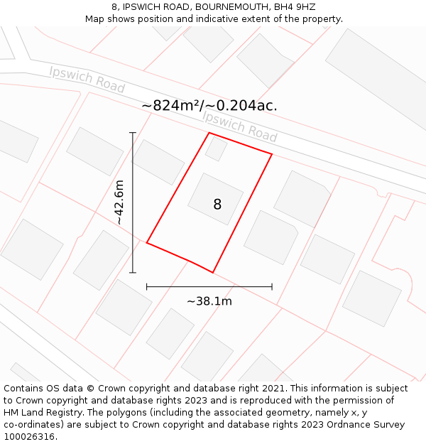 8, IPSWICH ROAD, BOURNEMOUTH, BH4 9HZ: Plot and title map