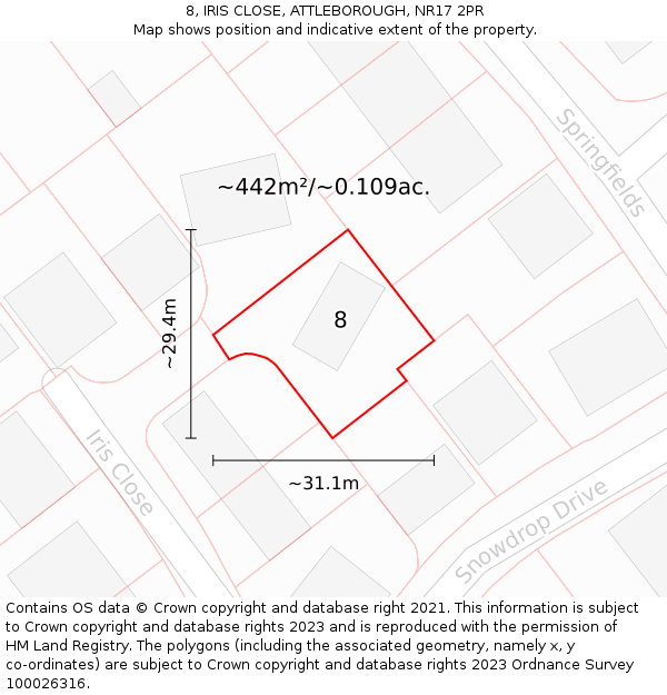 8, IRIS CLOSE, ATTLEBOROUGH, NR17 2PR: Plot and title map