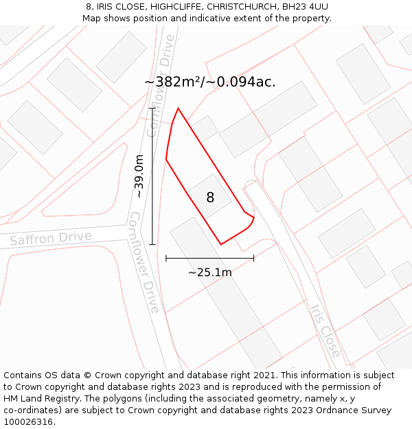 8, IRIS CLOSE, HIGHCLIFFE, CHRISTCHURCH, BH23 4UU: Plot and title map