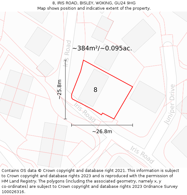 8, IRIS ROAD, BISLEY, WOKING, GU24 9HG: Plot and title map