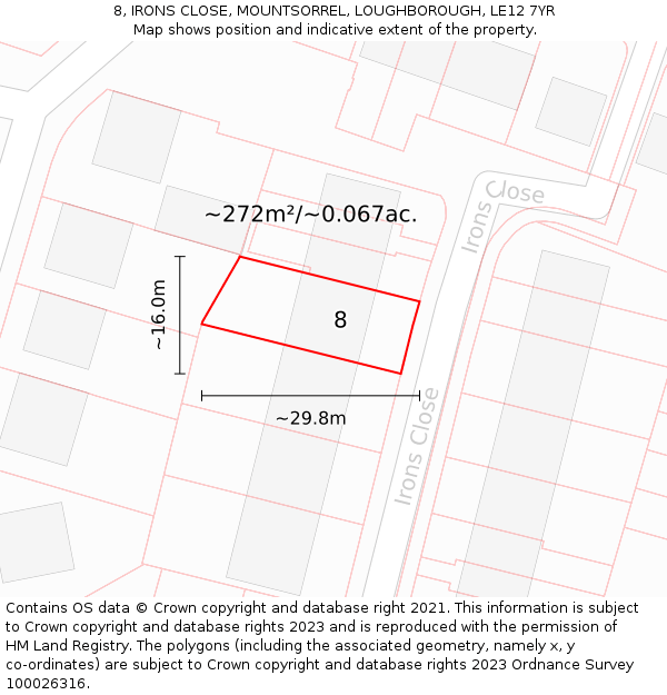 8, IRONS CLOSE, MOUNTSORREL, LOUGHBOROUGH, LE12 7YR: Plot and title map