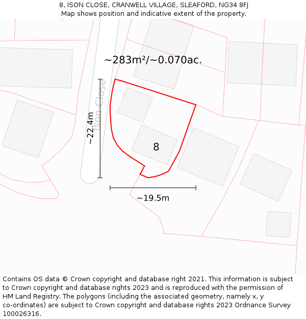 8, ISON CLOSE, CRANWELL VILLAGE, SLEAFORD, NG34 8FJ: Plot and title map