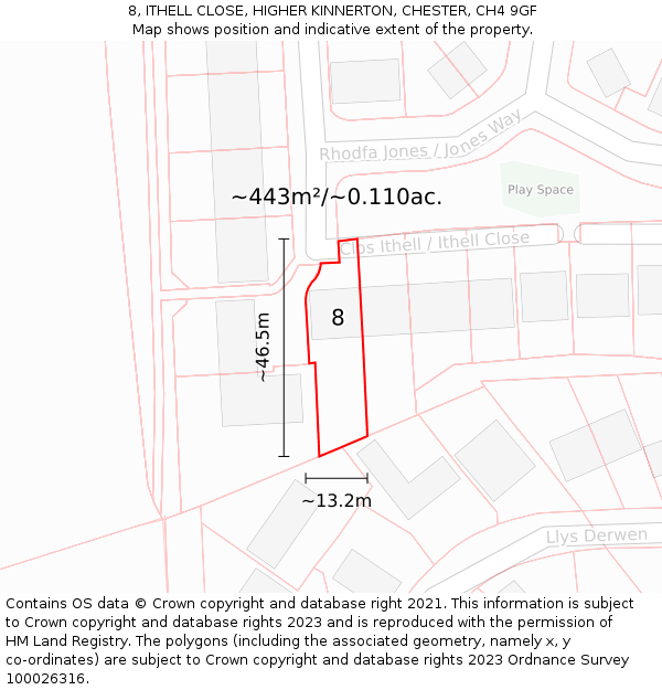 8, ITHELL CLOSE, HIGHER KINNERTON, CHESTER, CH4 9GF: Plot and title map