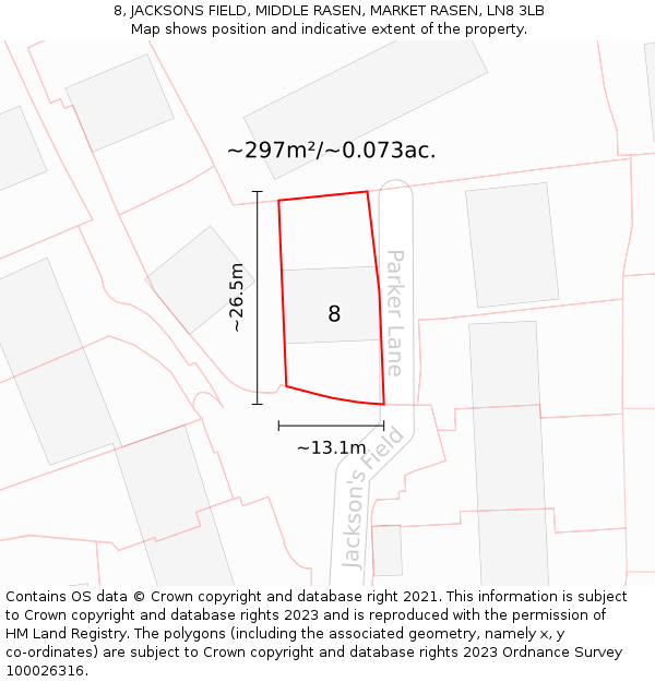 8, JACKSONS FIELD, MIDDLE RASEN, MARKET RASEN, LN8 3LB: Plot and title map