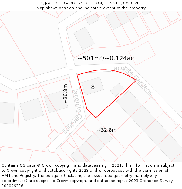 8, JACOBITE GARDENS, CLIFTON, PENRITH, CA10 2FG: Plot and title map