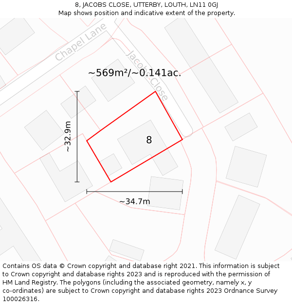 8, JACOBS CLOSE, UTTERBY, LOUTH, LN11 0GJ: Plot and title map