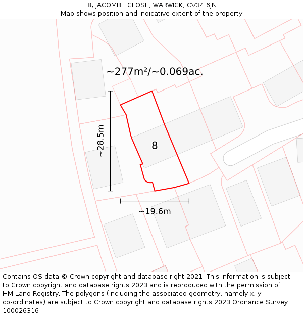 8, JACOMBE CLOSE, WARWICK, CV34 6JN: Plot and title map