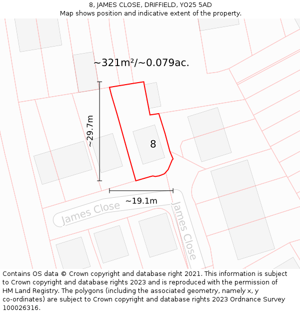 8, JAMES CLOSE, DRIFFIELD, YO25 5AD: Plot and title map