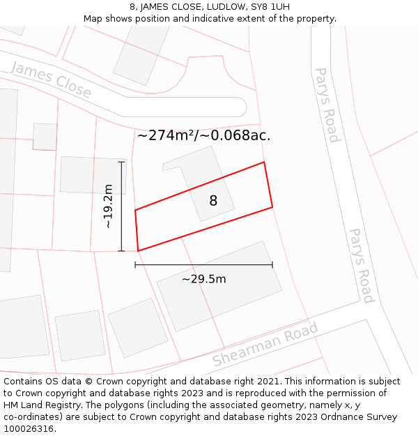 8, JAMES CLOSE, LUDLOW, SY8 1UH: Plot and title map