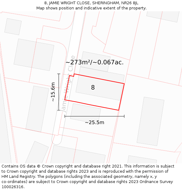 8, JAMIE WRIGHT CLOSE, SHERINGHAM, NR26 8JL: Plot and title map