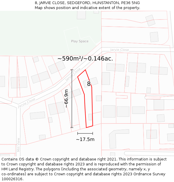 8, JARVIE CLOSE, SEDGEFORD, HUNSTANTON, PE36 5NG: Plot and title map