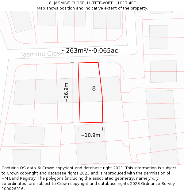 8, JASMINE CLOSE, LUTTERWORTH, LE17 4FE: Plot and title map