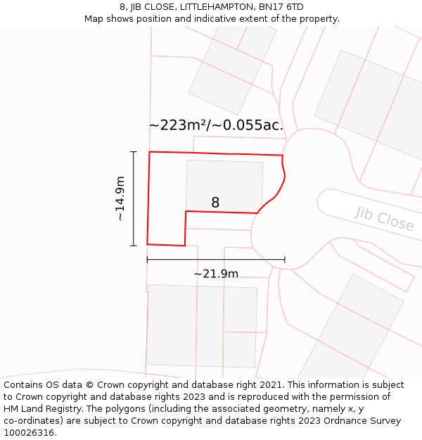8, JIB CLOSE, LITTLEHAMPTON, BN17 6TD: Plot and title map